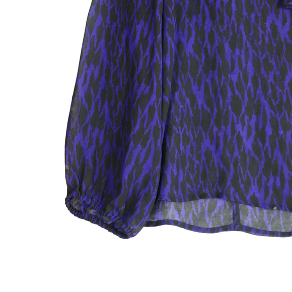 Soft Surroundings Blouse Womens Petite Medium PM Purple Wild Animal Ruffle Sheer - Picture 4 of 6